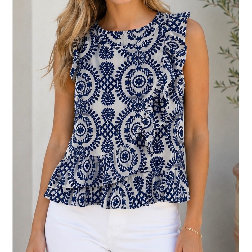 Blue & White Medallion Ruffle Peplum‎ Top Womens Small Sleeveless